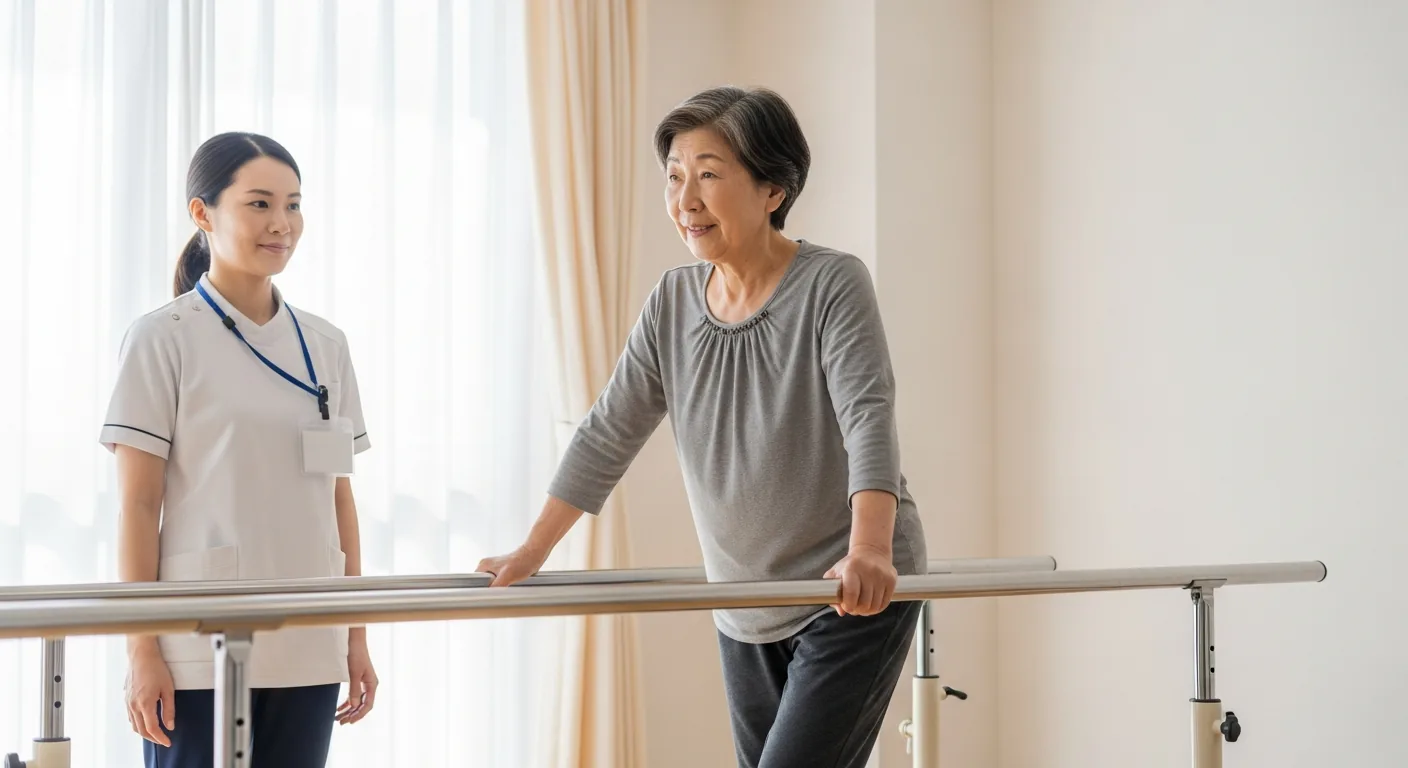 平行棒につかまって歩行練習をする患者を理学療法士が見守る様子（イメージ）
